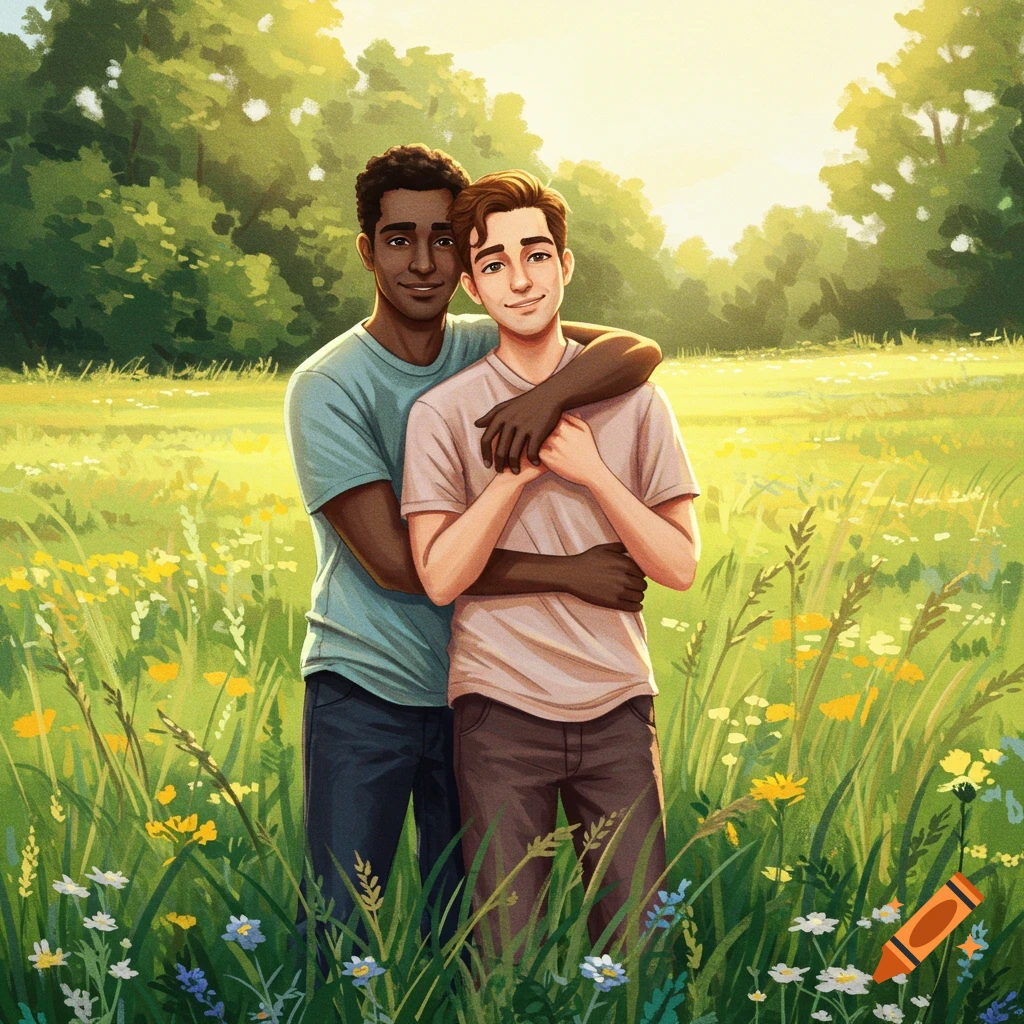 A gay couple embracing in a sunny field with flowers.