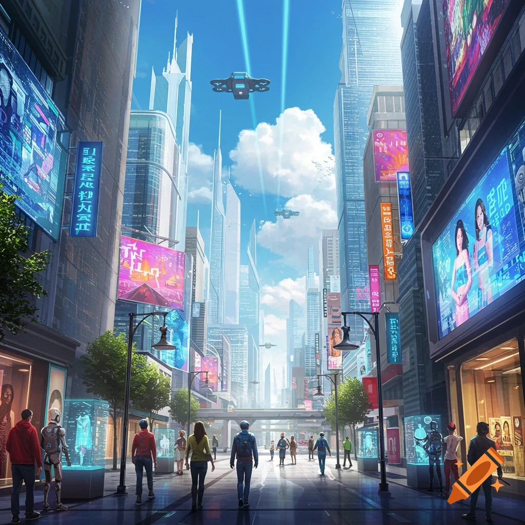 A futuristic city street with tall buildings, flying vehicles, neon signs, and pedestrians.