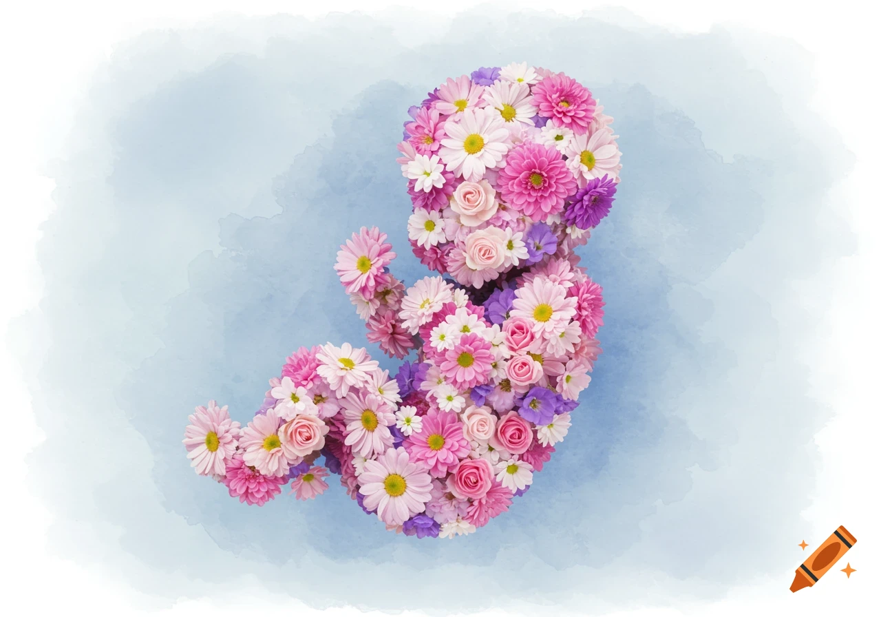 A watercolor image of a baby fetus shape formed by pink, purple, and white flowers on a soft blue background.