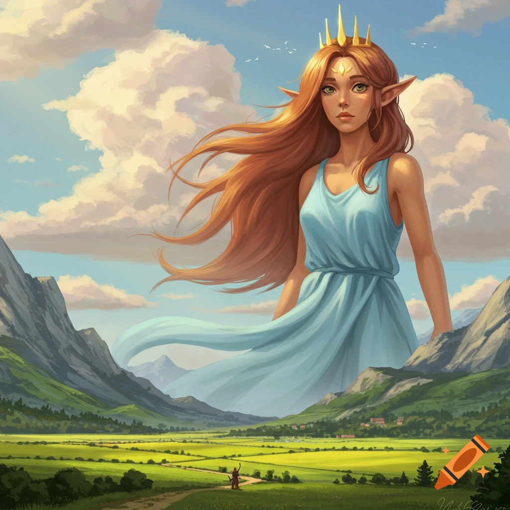 A giant fantasy woman with long red hair and a gold crown stands in a valley between mountains.