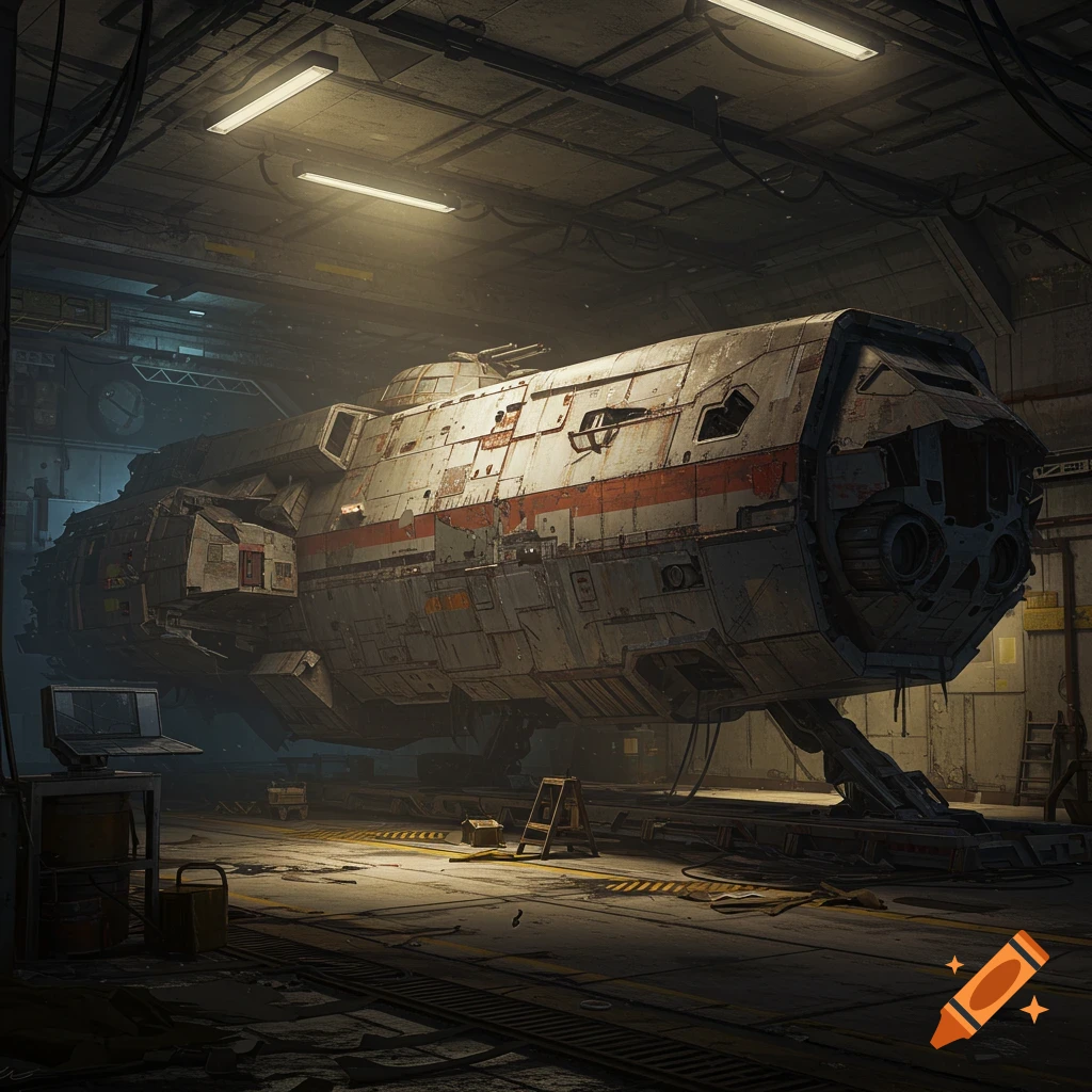 A heavily worn and broken space ship sits in a dark hangar