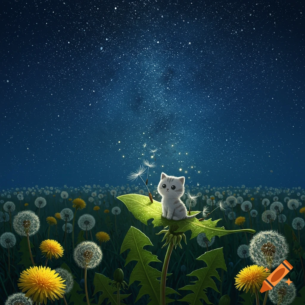 A cute cartoon cat sits on a large dandelion leaf in a dandelion field under a starry night sky.