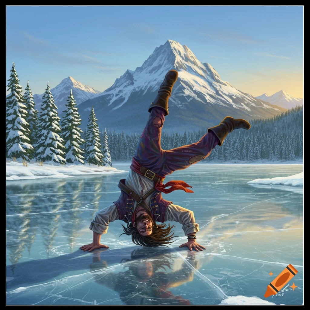 A person in pirate clothes does a handstand on a frozen lake surrounded by snowy mountains.