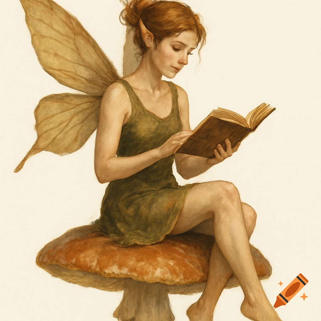 A fairy with leafy wings sitting on a mushroom and reading a book.