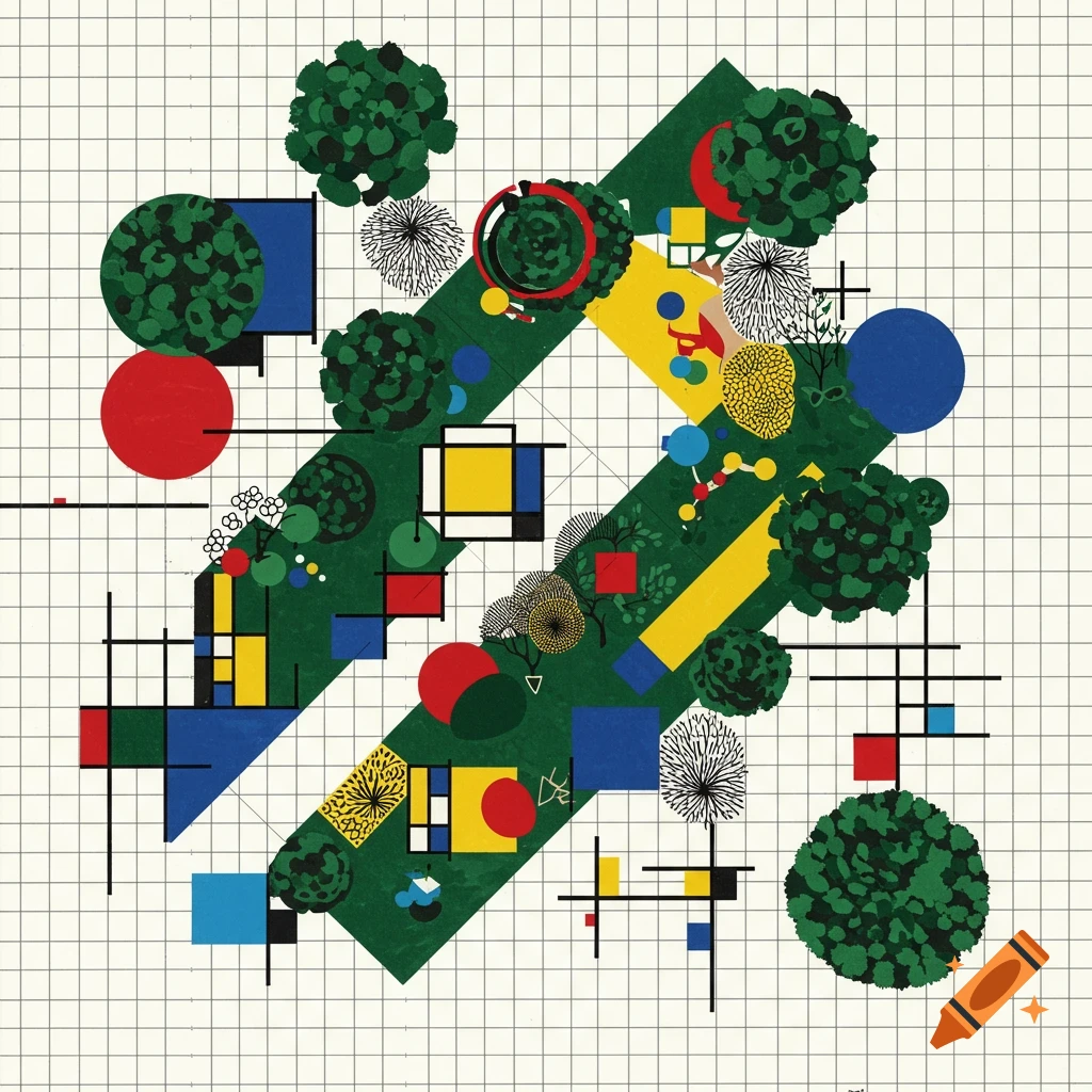 Abstract top-down view of a garden plan in the style of Mondrian, with colorful geometric shapes and trees on a grid background.
