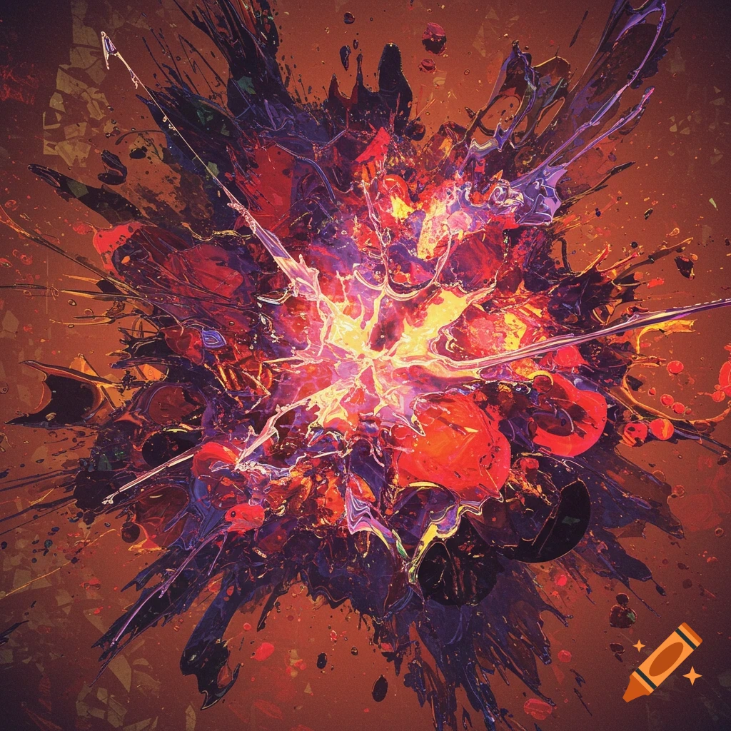 An abstract of a colorful explosion of red, purple, orange, and yellow paint splatter.