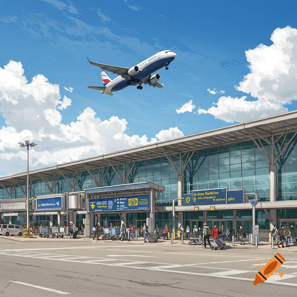 An airplane flying above an airport terminal building with people outside.