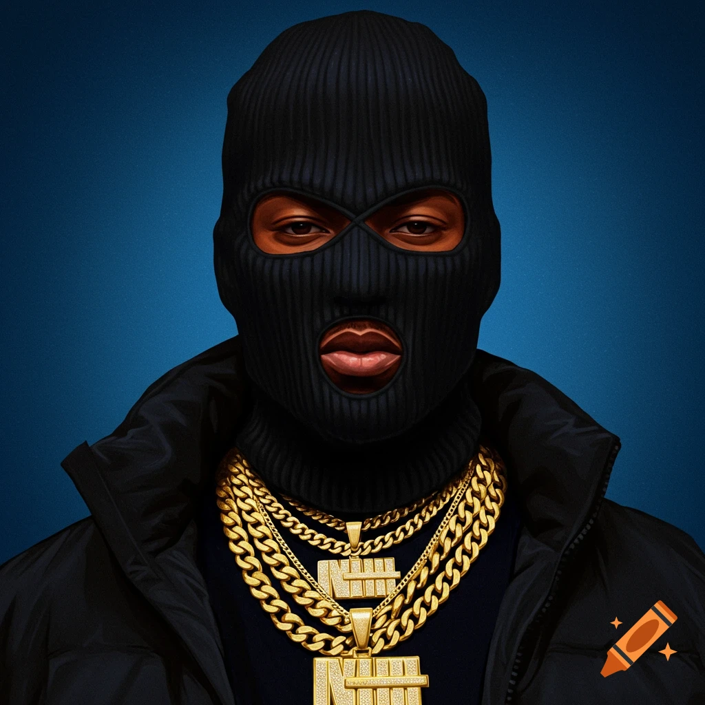 A person in a black ski mask wearing multiple gold chains.
