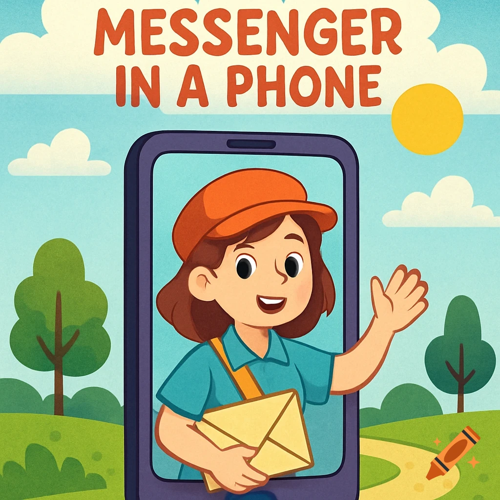 Cartoon illustration of a messenger character in a phone screen, holding an envelope and waving, with a landscape background and text "MESSENGER IN A PHONE".