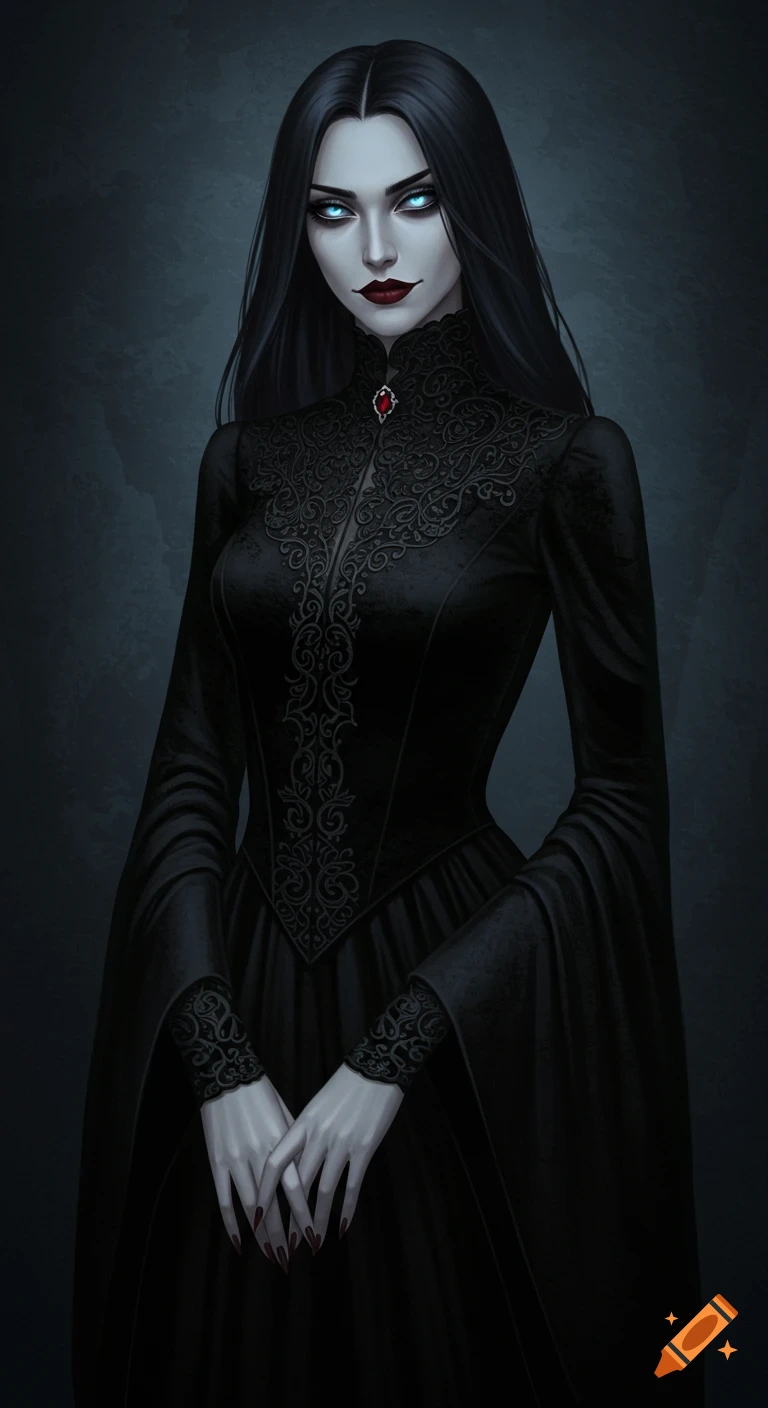 A portrait of a woman with pale skin, dark hair, glowing blue eyes, and red lips, wearing a black gothic dress.