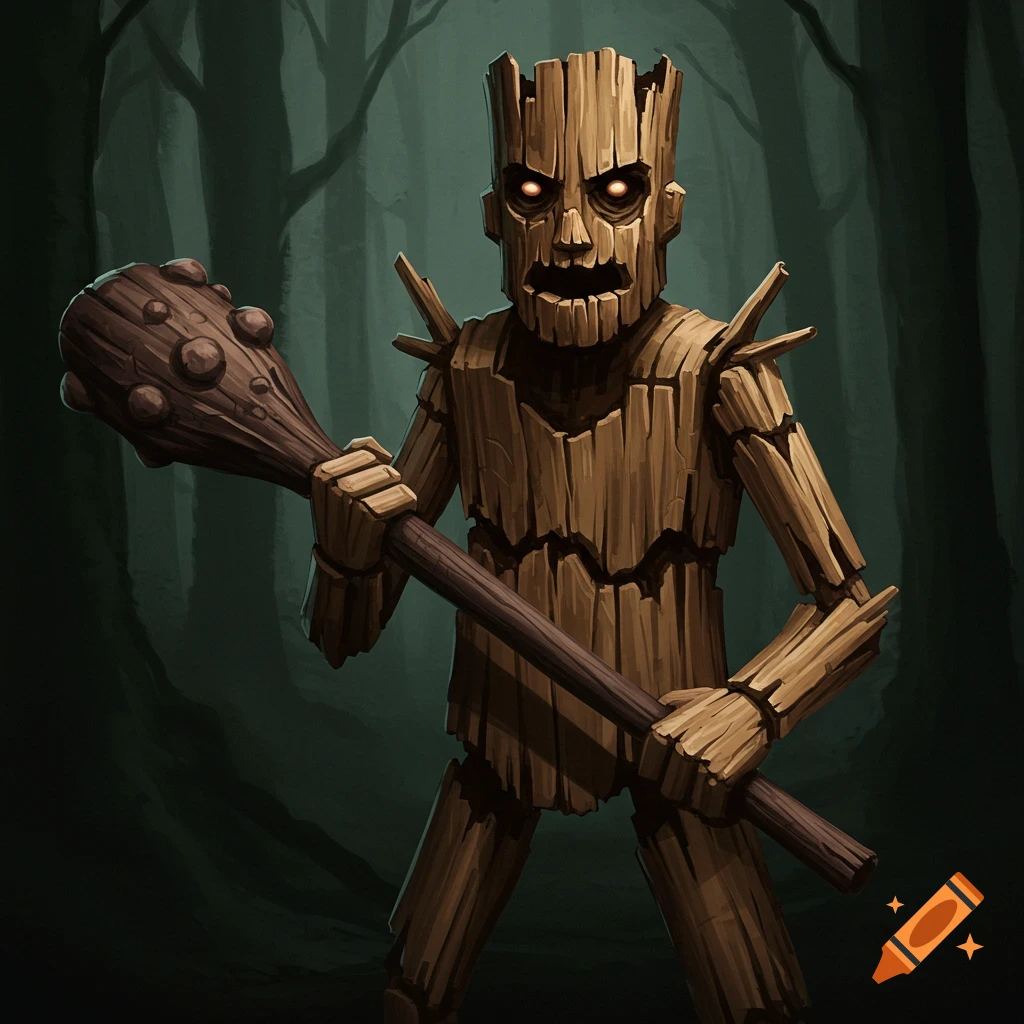 A creepy wooden creature holding a club in a forest.