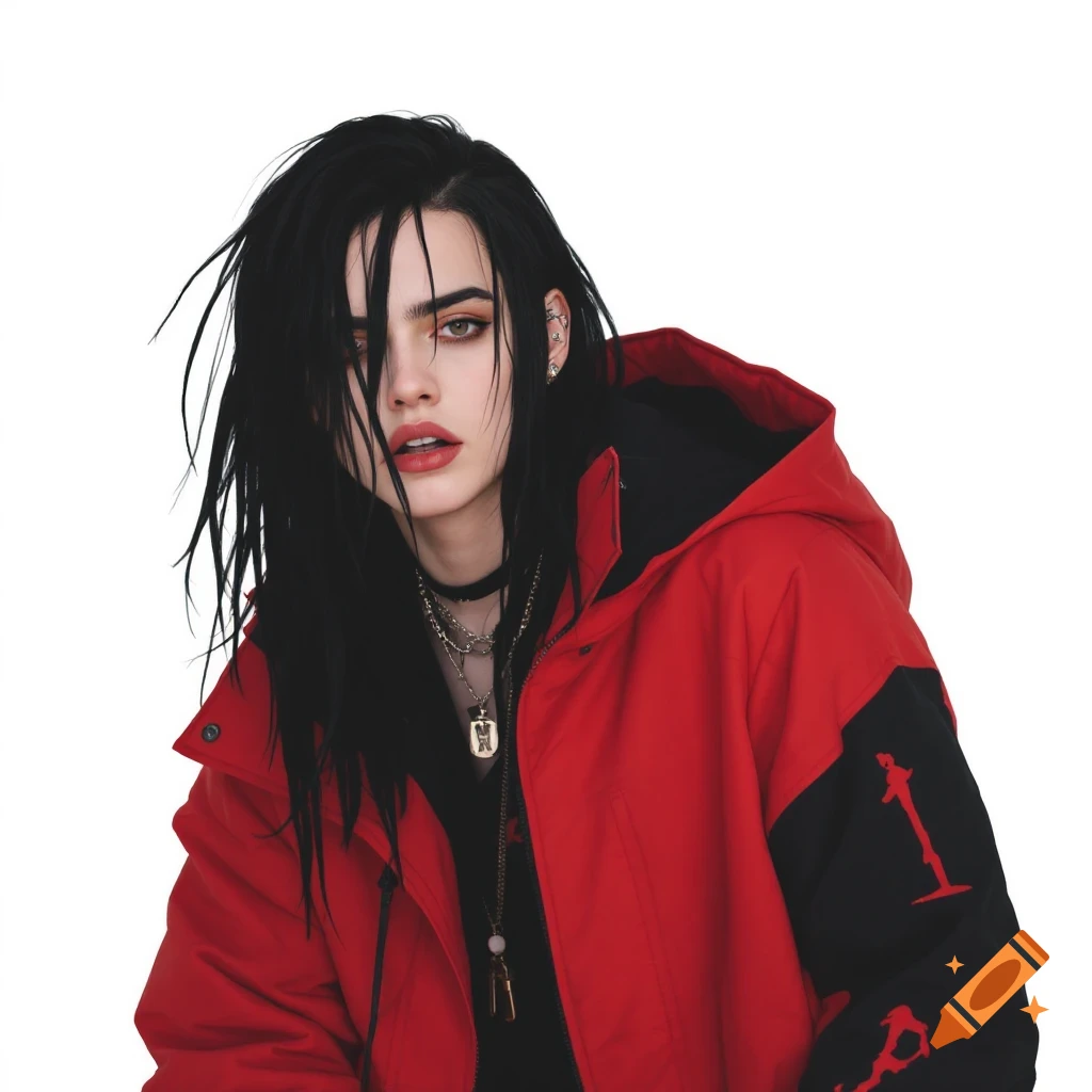 Portrait of a person with dark hair and makeup wearing a red and black jacket.