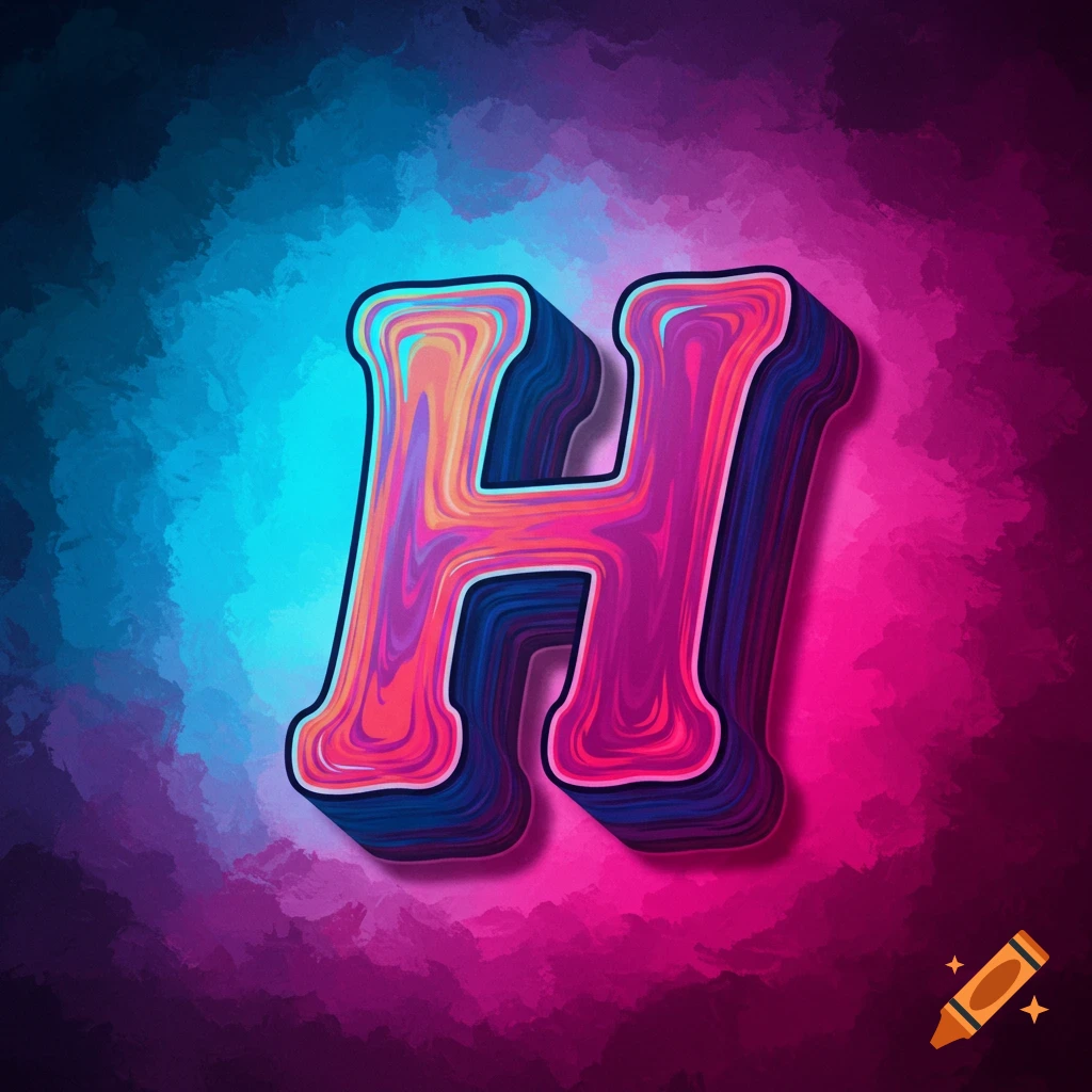 Stylized letter H with swirling texture on a colourful brushstroke background