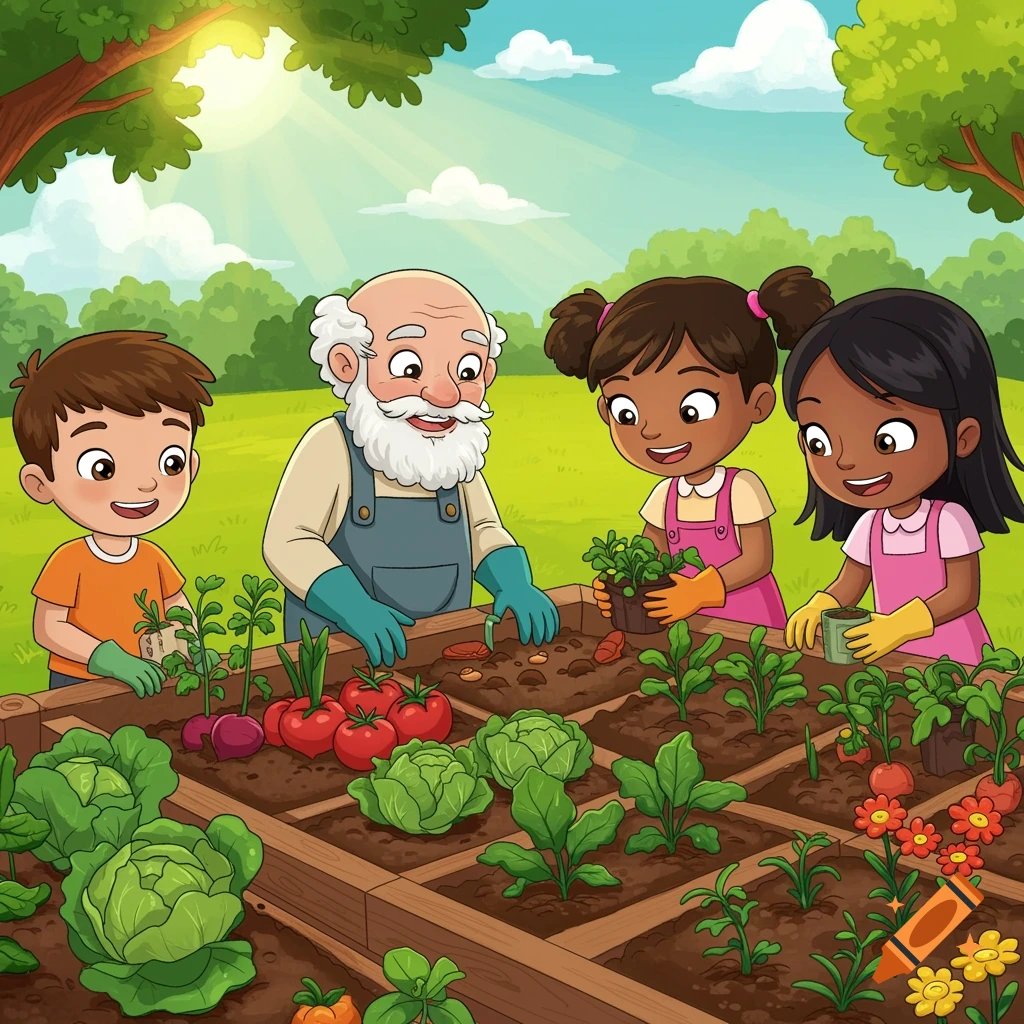Cartoon illustration of an elderly man and three children gardening in a raised bed on a sunny day.