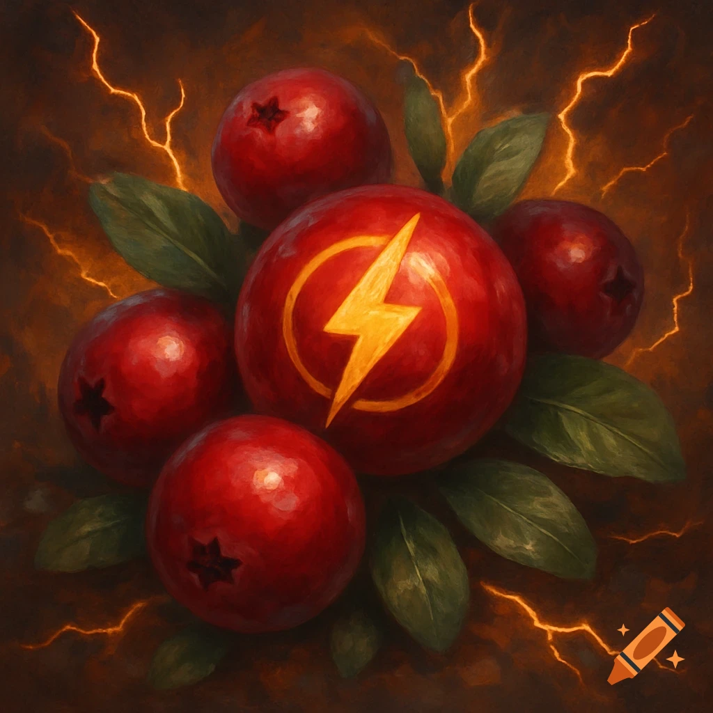 Cranberries and leaves with lightning; one berry has a yellow lightning bolt logo.