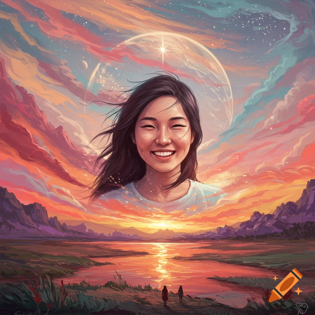 Smiling woman's head over a vibrant fantasy landscape with a large planet and sunset. Two figures walk below.