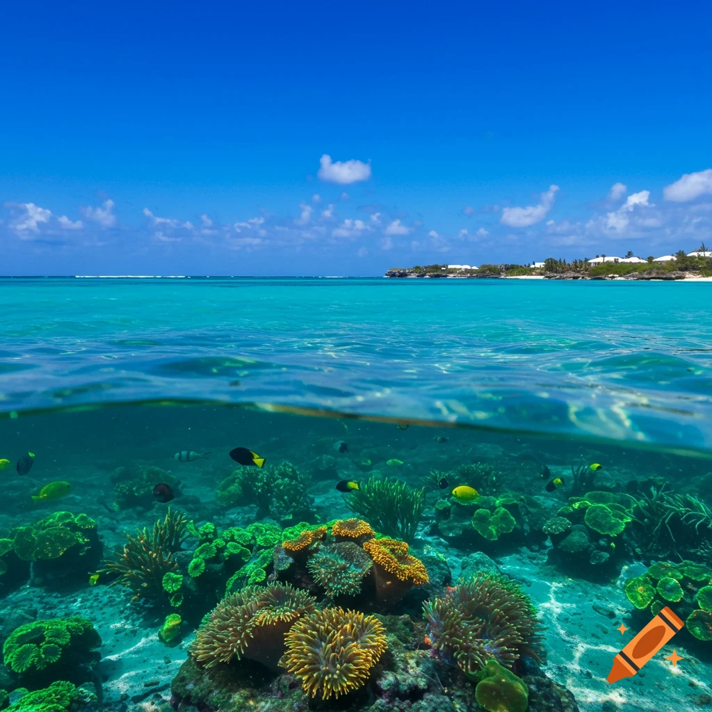 Split view of clear blue tropical ocean surface and colorful underwater coral reef with fish, with land and houses in the distance under a sunny sky.