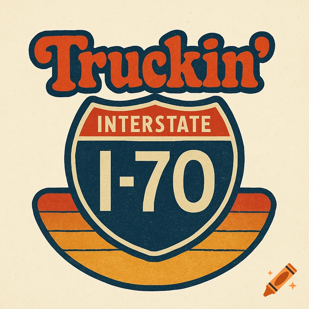 Retro 1970s style logo for Truckin' I-70 with road shield and stripes.