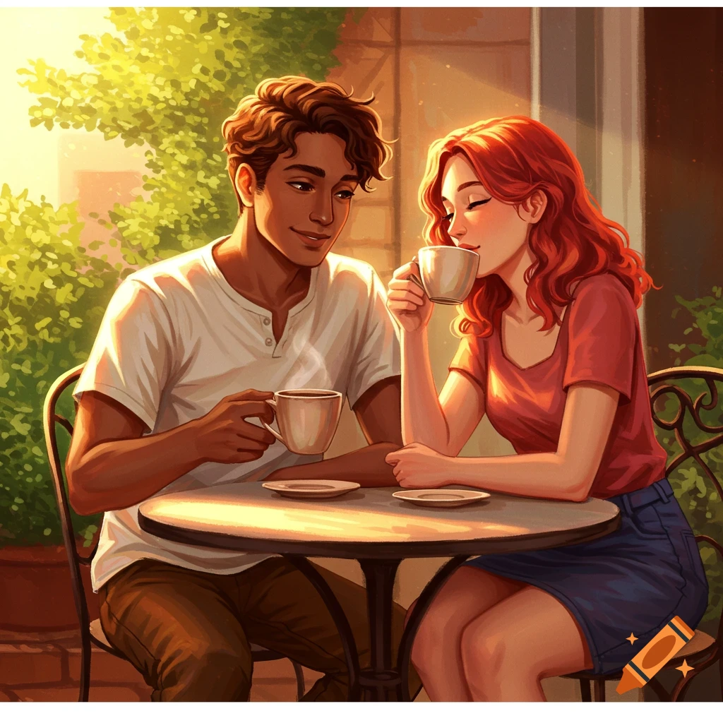 A couple enjoying coffee at an outdoor cafe.