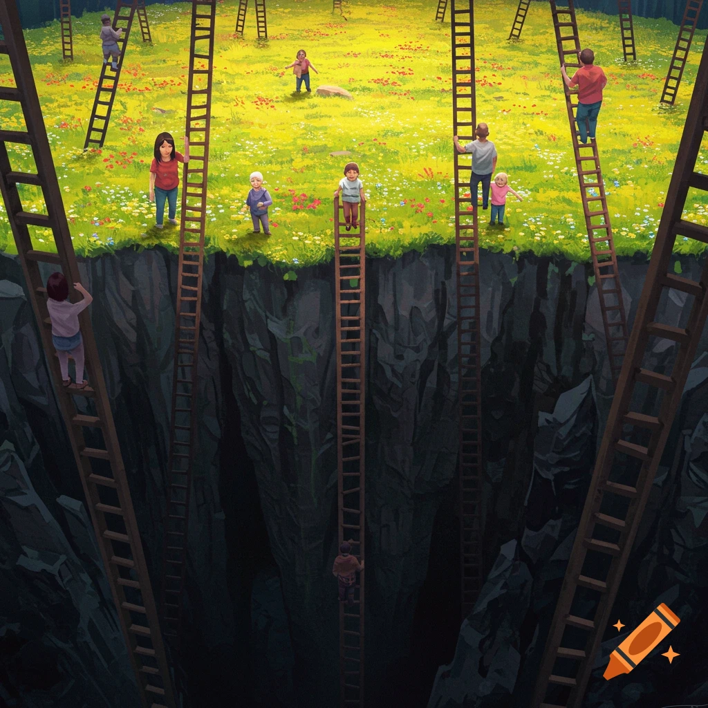 People on ladders climbing between a dark canyon and a bright meadow.
