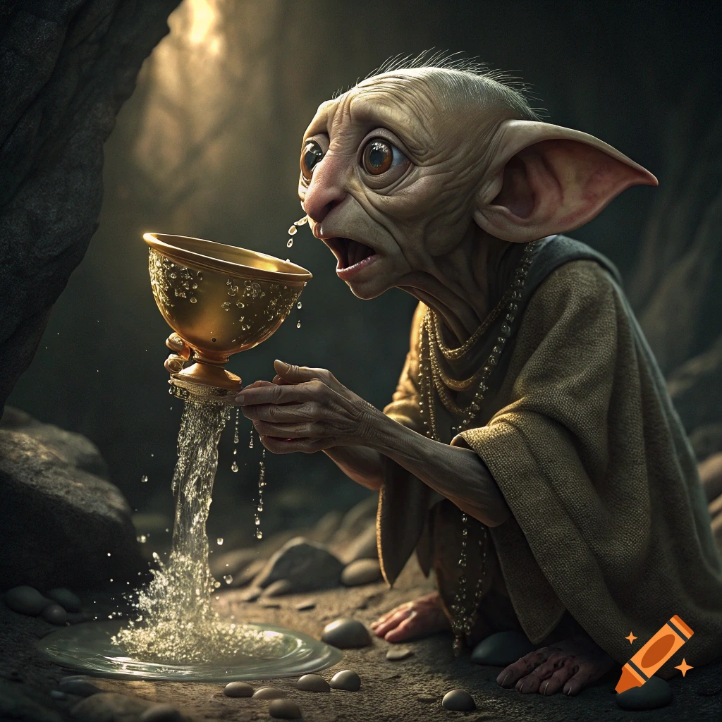 Dobby the house elf holds a golden chalice overflowing with water in a dark cave.
