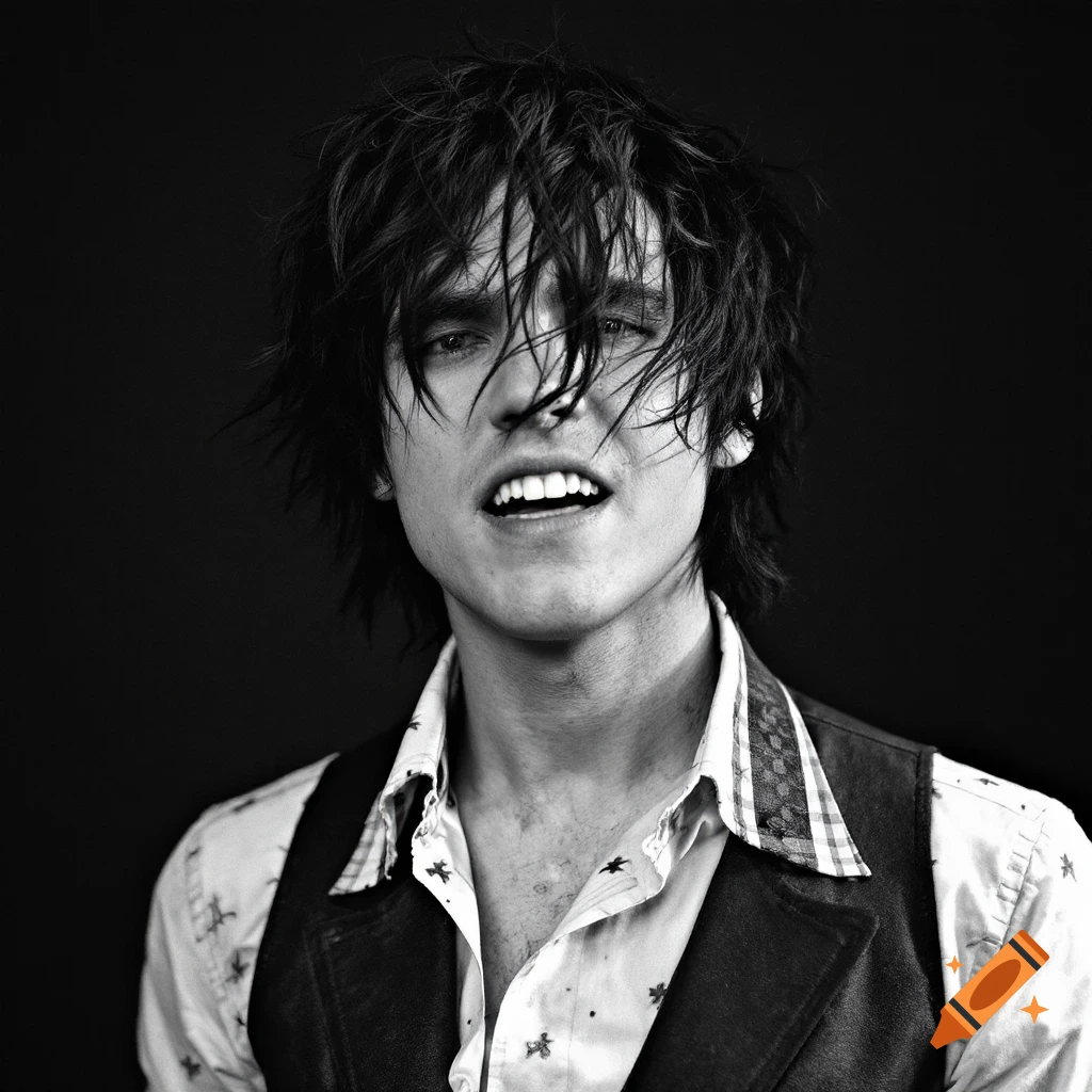 Black and white portrait of a person with dark messy hair looking up.