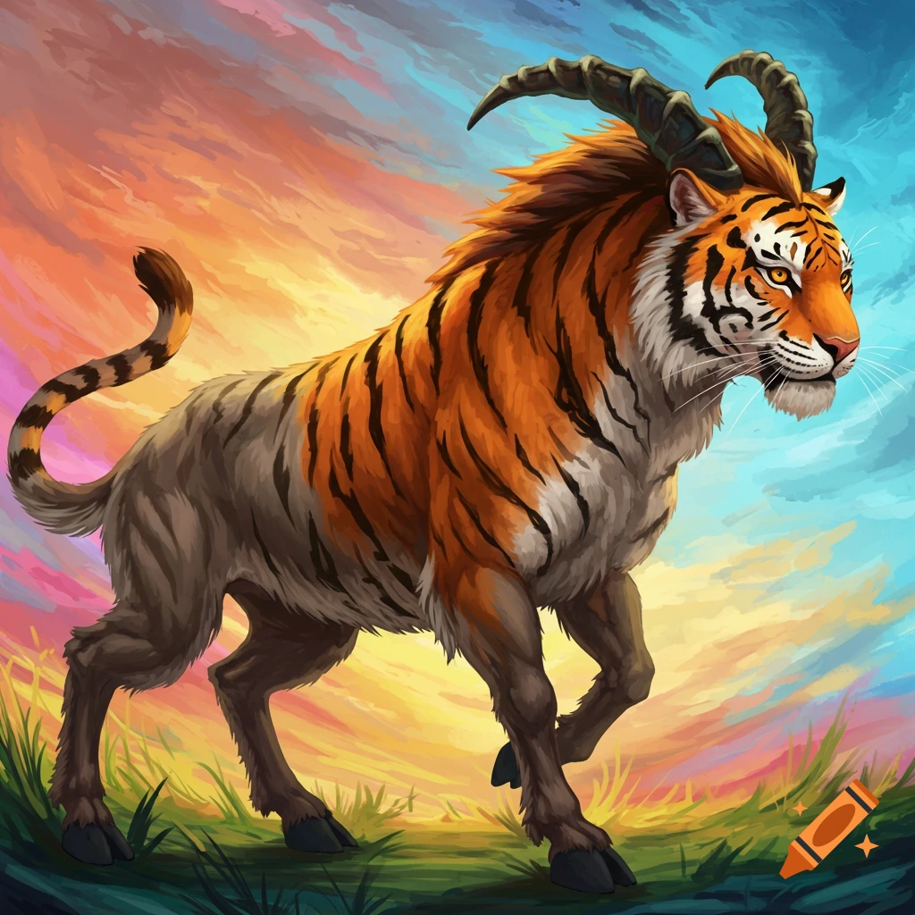 Fantasy creature, part tiger, part goat, under a colorful sky.