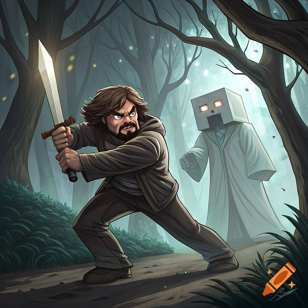 Cartoon depiction of a man resembling Jack Black fighting Herobrine with a sword in a forest.