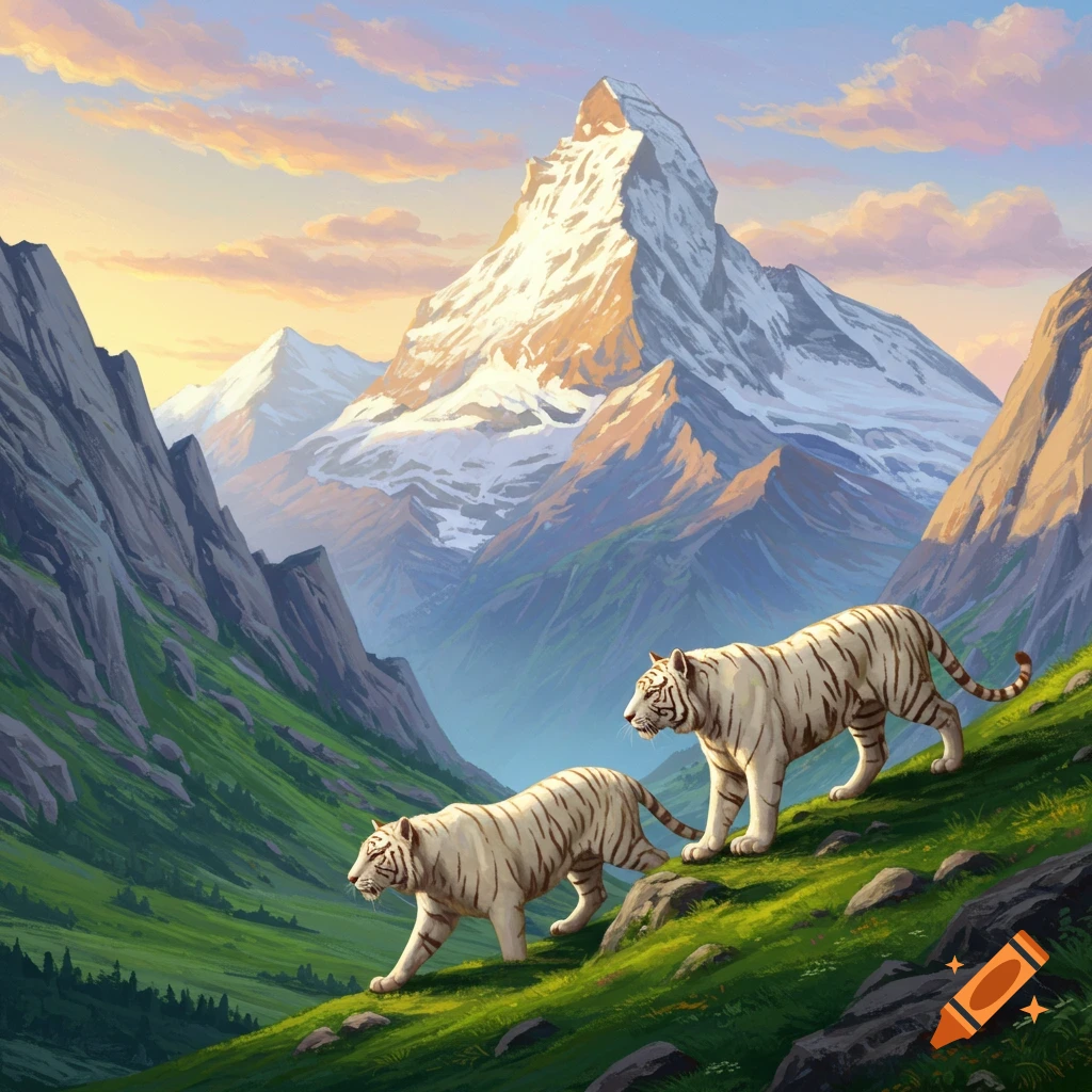 Two white tigers walk up a grassy mountain slope below a large peak.
