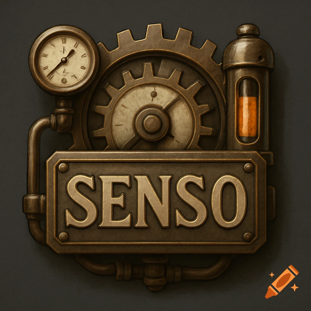 A steampunk style icon for SENSO, featuring gears, pipes, a gauge, and a vial of liquid.