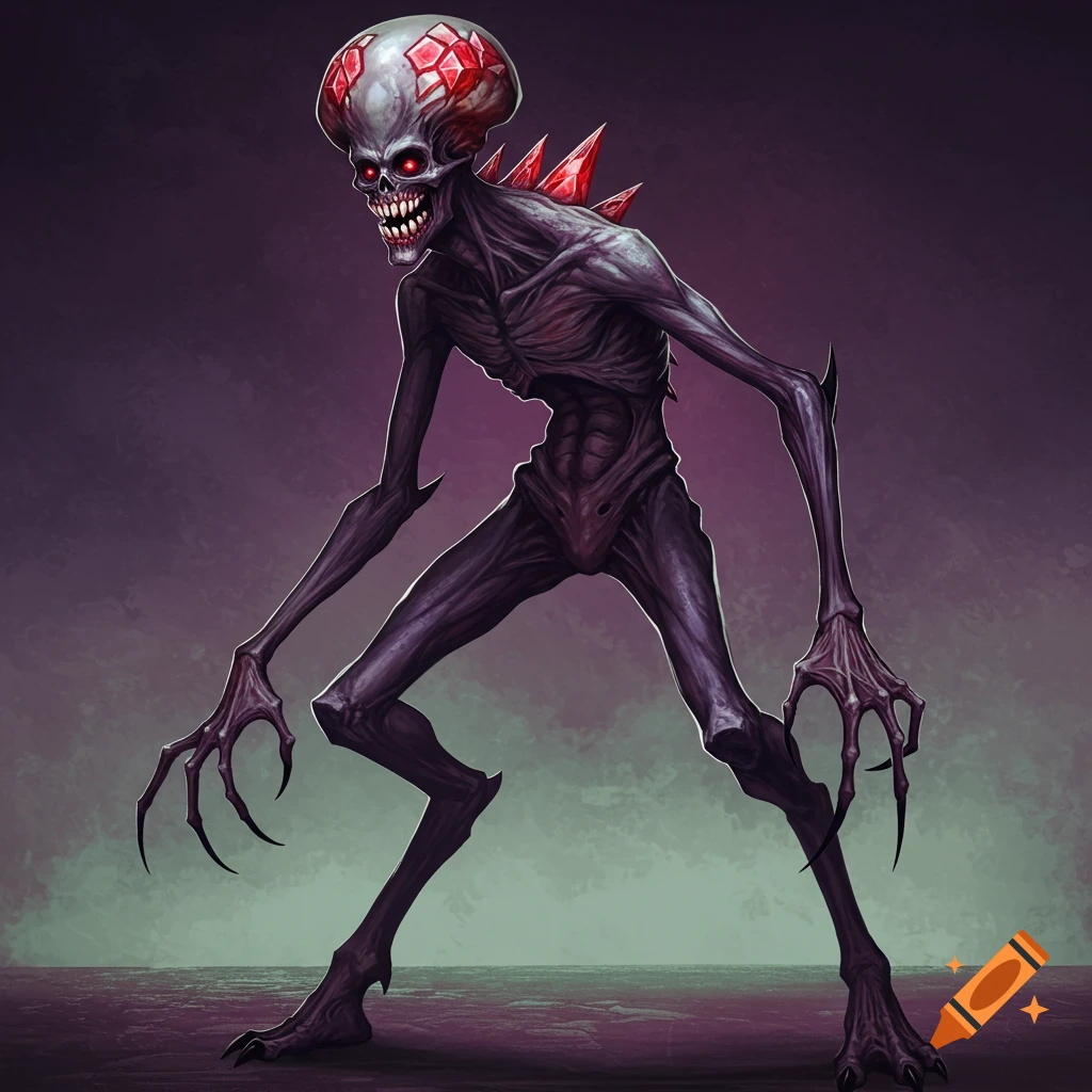 A thin, deformed purple creature with red eyes and crystals on its head and back, standing.