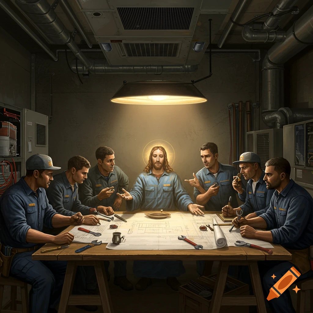 Jesus and workers gather around a table with blueprints in a workshop.
