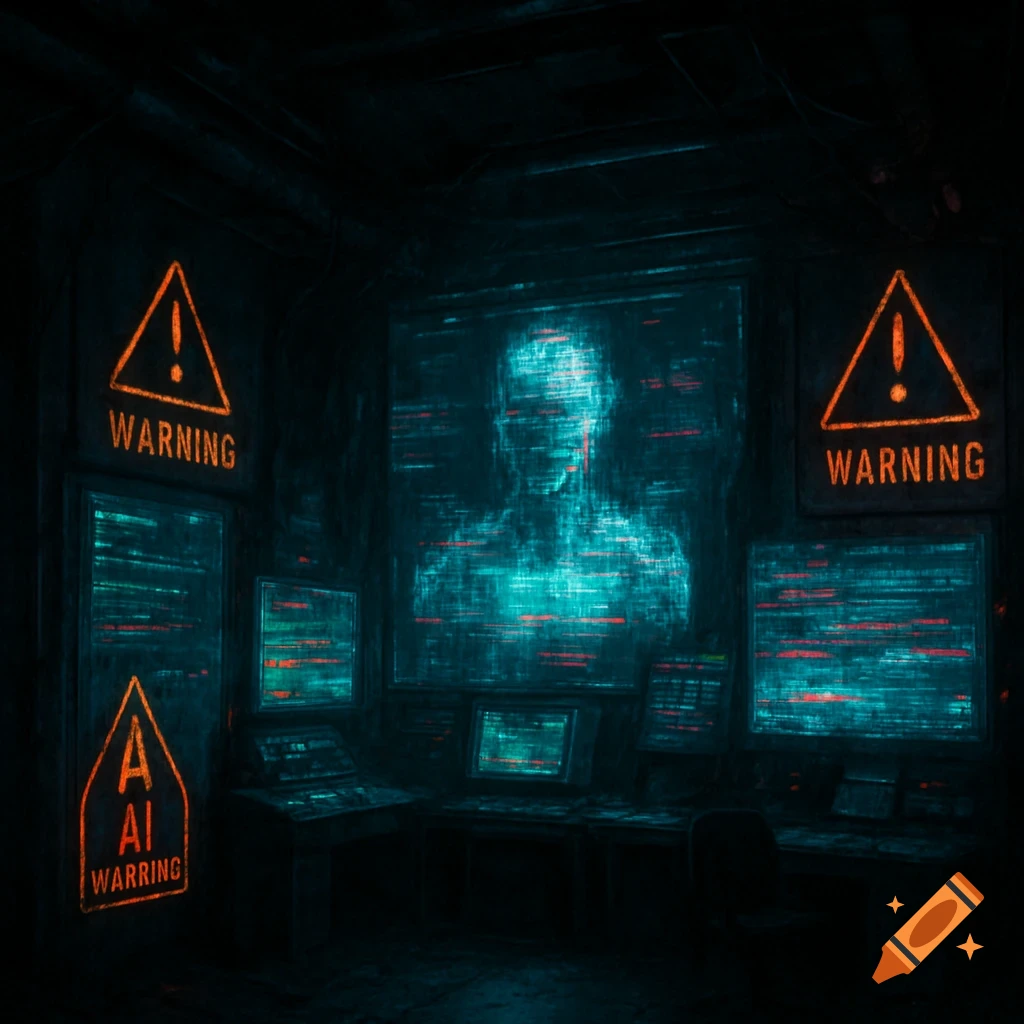 A dark futuristic bunker with screens showing a glitchy figure and warning signs.