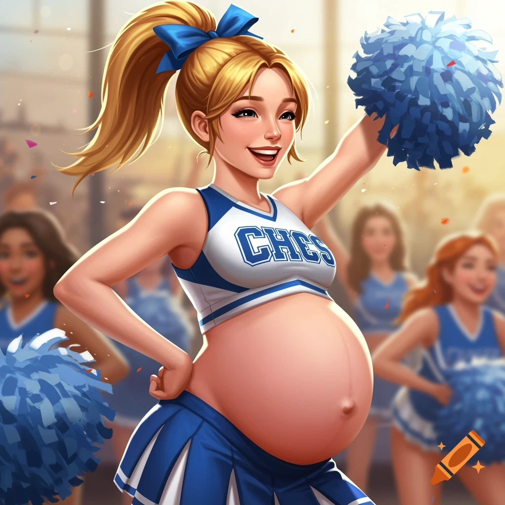 A pregnant cheerleader in uniform holding a blue pom-pom and smiling in a gym.