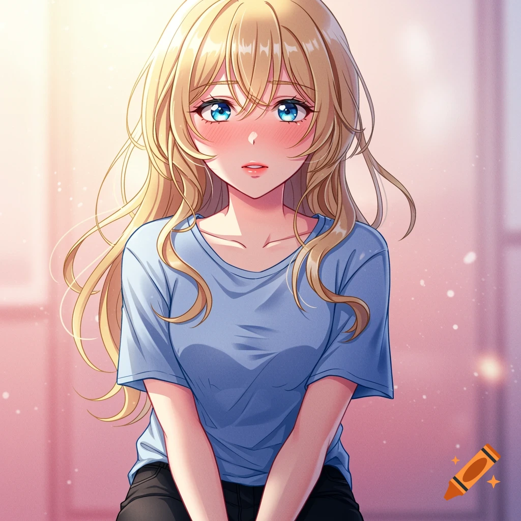 Anime portrait of a shy young woman with blonde hair and blue eyes, blushing, wearing a blue t-shirt.