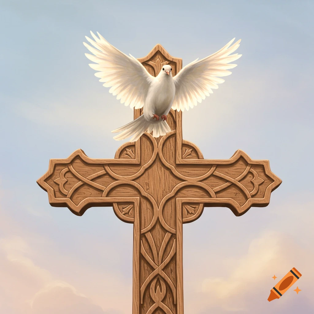 A white dove perched on a carved wooden cross against a cloudy sky.