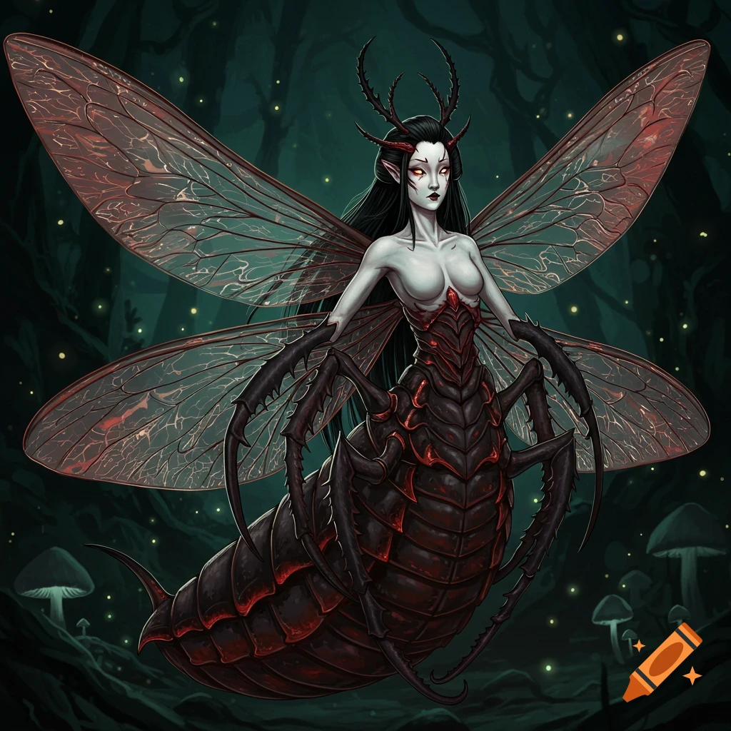 A fantasy creature, a woman-insect hybrid with large wings and a segmented body, stands in a dark forest.