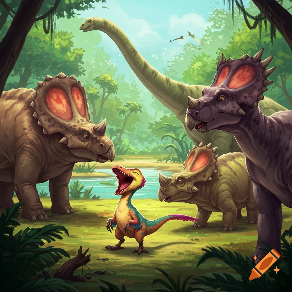 A colorful cartoon dinosaur laughs while surrounded by larger dinosaurs in a jungle clearing.