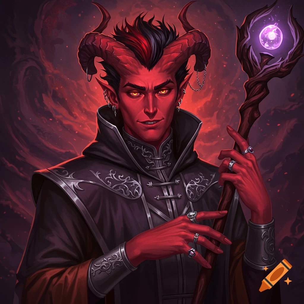 A red-skinned fantasy character with horns holds a staff.