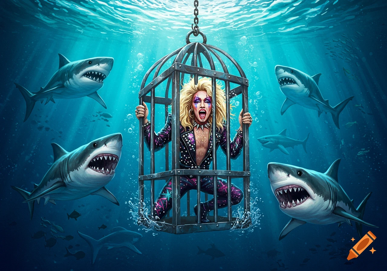 Glam rocker in a cage underwater surrounded by sharks.