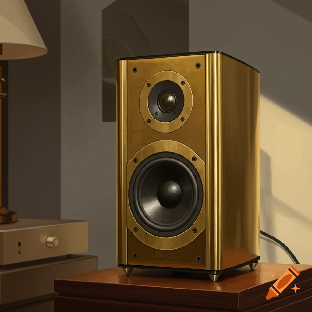 A brass speaker is on a table.