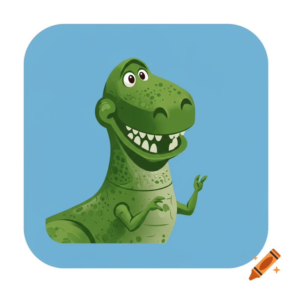 Cartoon green dinosaur character icon smiling and waving against a blue background.