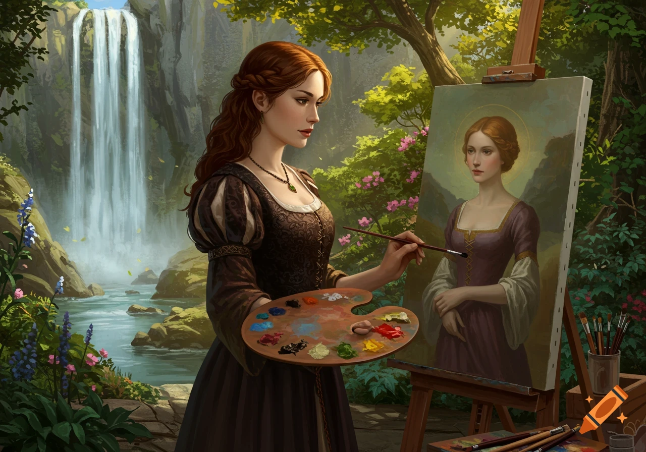 A woman in historical clothing painting a portrait by a waterfall.