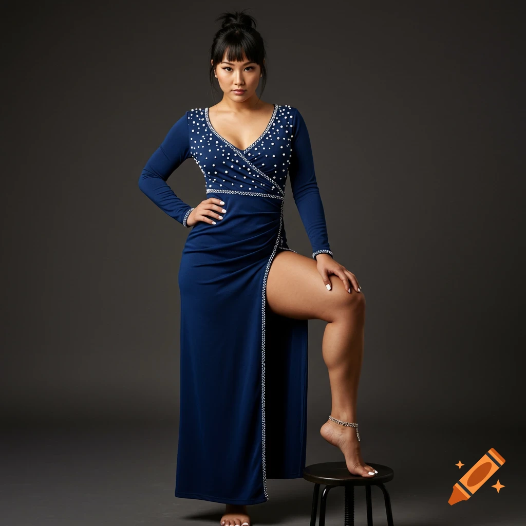 A woman in a long blue dress with pearl accents and a leg slit poses with her foot on a stool in a studio.