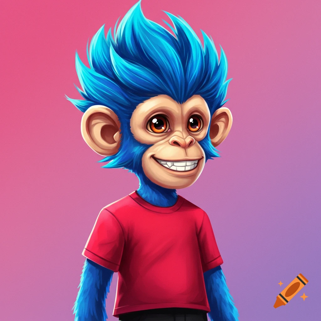 A cartoon monkey with blue hair and a red shirt.
