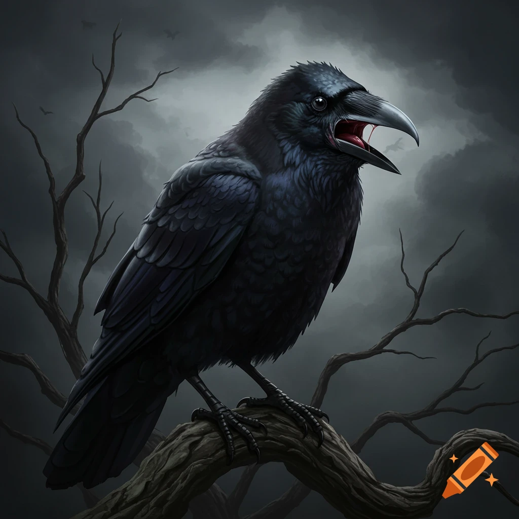 A black crow with its beak open, perched on a gnarled branch against a dark, stormy sky.