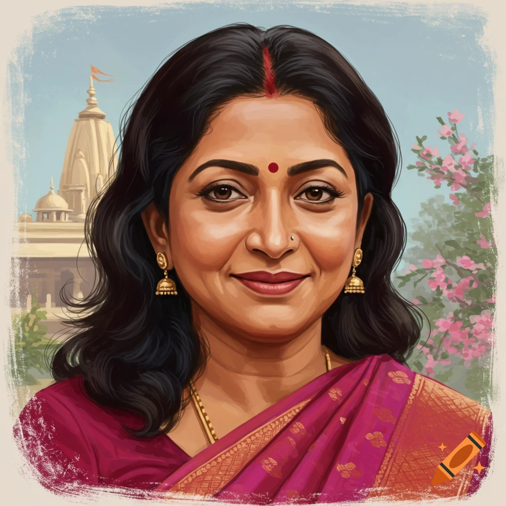 A smiling middle-aged Indian woman is wearing a colorful sari and gold earrings. A detailed temple is in the background.
