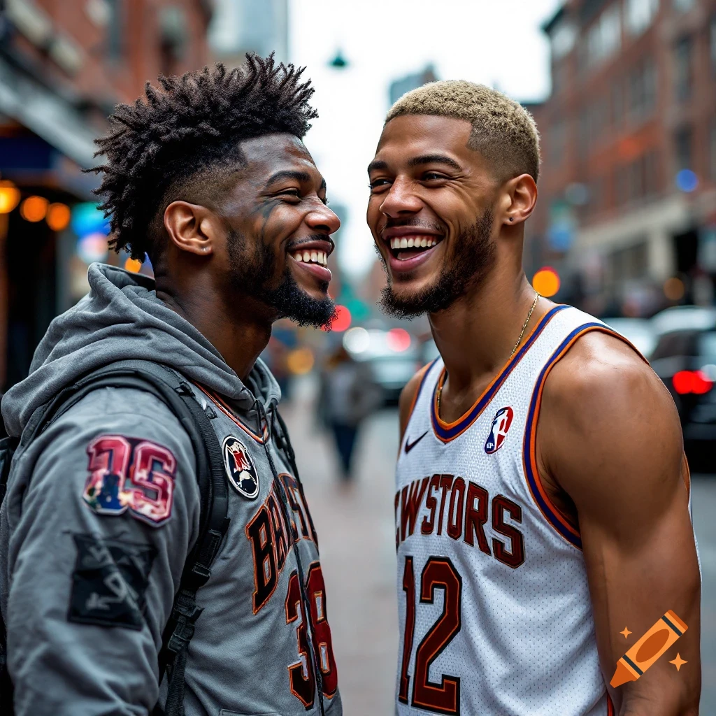 Two men wearing sports apparel smiling on a city street, photorealistic style.