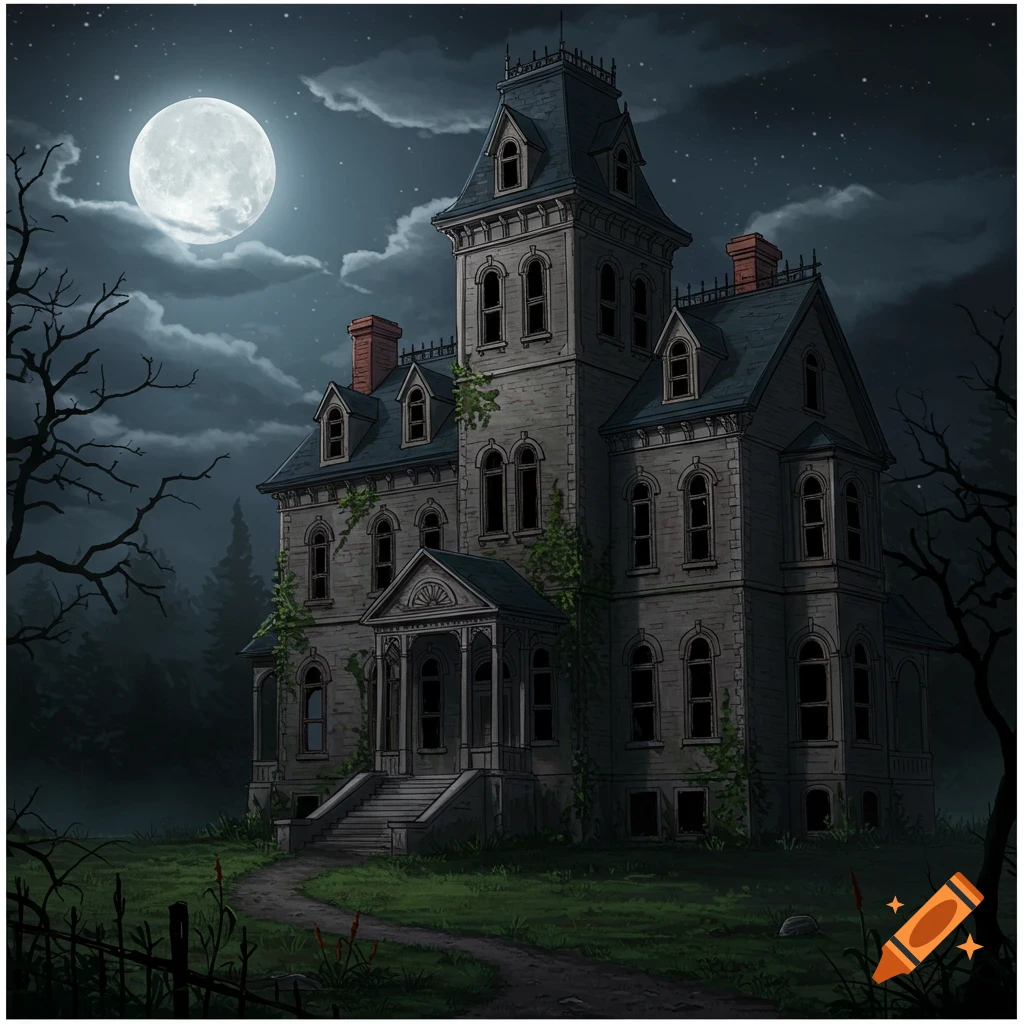 A spooky, old haunted house under a full moon at night.