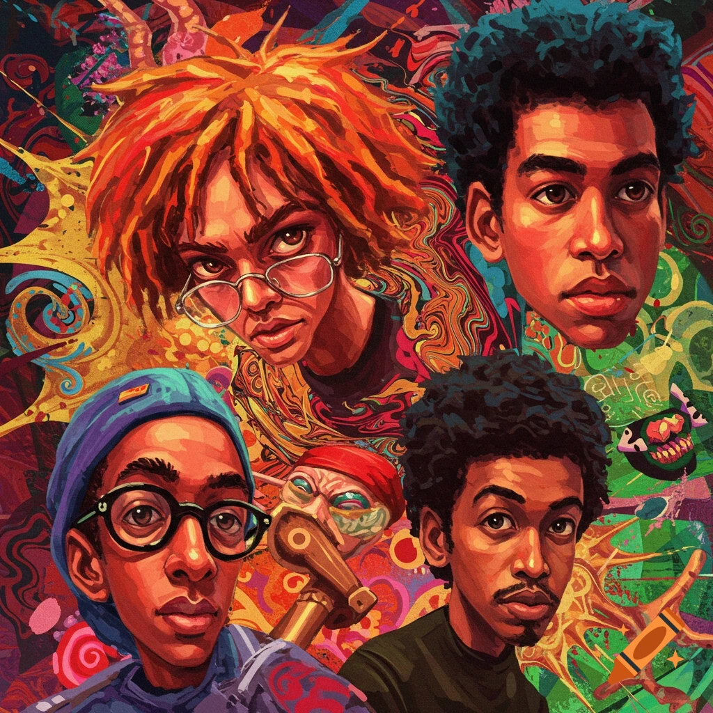 Four stylized portraits against a colorful, abstract background.